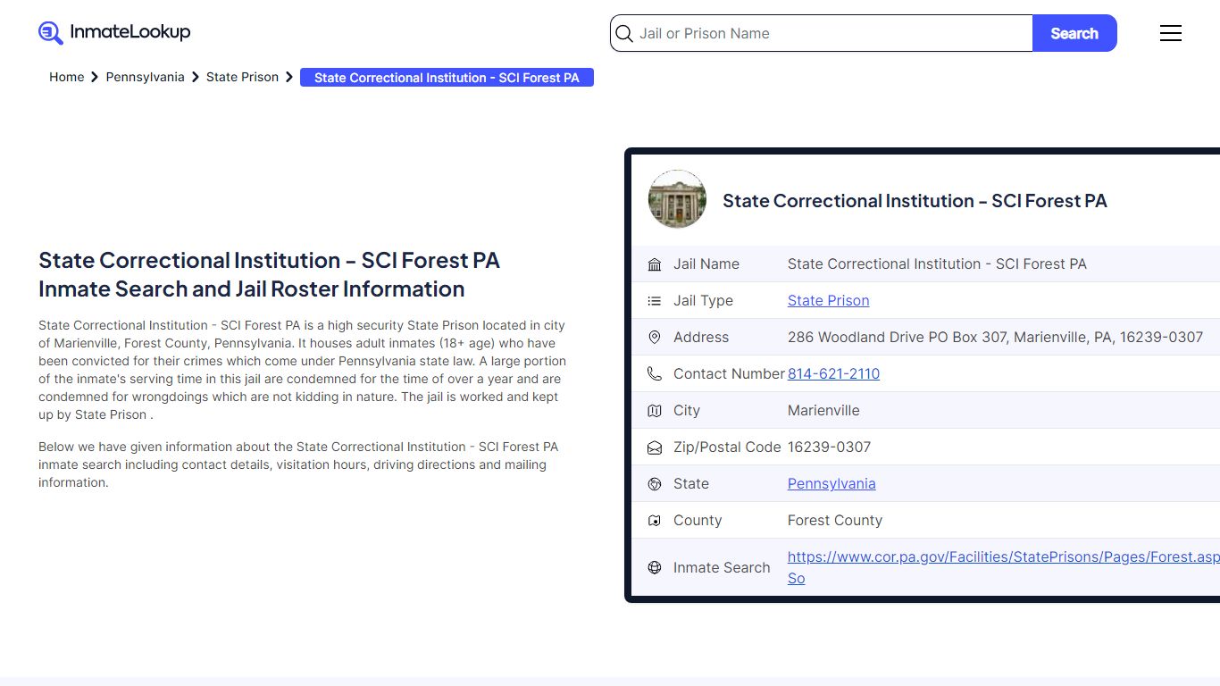 State Correctional Institution - SCI Forest PA Inmate Search, Jail ...